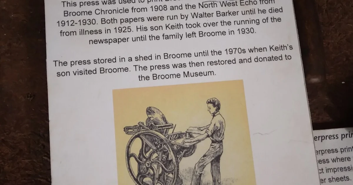 Broome Historical Museum, Broome, WA. Chandler and Price Printing Press. The press was used to print Broome's local newspapers from 1908 to 1930