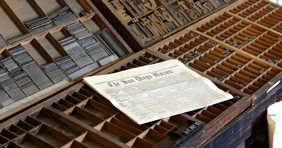 Handset Press with Copy of San Diego Union Newspaper - San Diego Union Printing Office - Old Town San Diego State Historic Park - San Diego, CA - USA